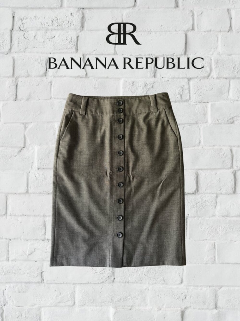 Banana Republic Wool Blend Button-Front Pencil Skirt | Olive Taupe | Size 8